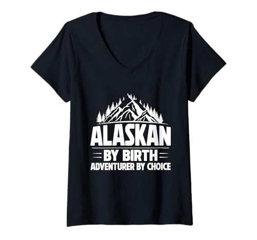 Damen Alaskan von Birth Adventurer by Choice Alaska T-Shirt mit V-Ausschnitt von Alaska Gifts