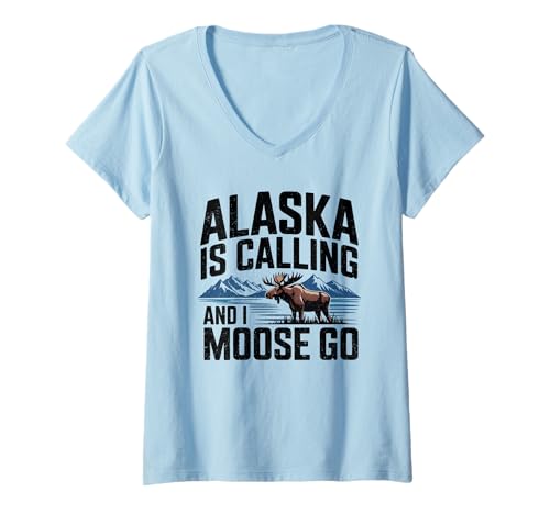 Damen Alaska Ruft und ich gehe T-Shirt mit V-Ausschnitt von Alaska Is Calling And I Moose Go Collection