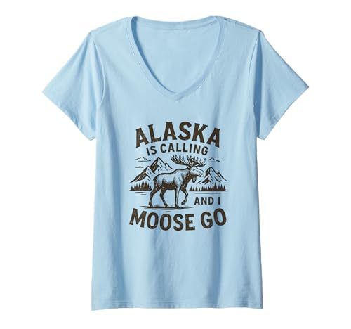 Damen Alaska Ruft und ich gehe T-Shirt mit V-Ausschnitt von Alaska Is Calling And I Moose Go Collection