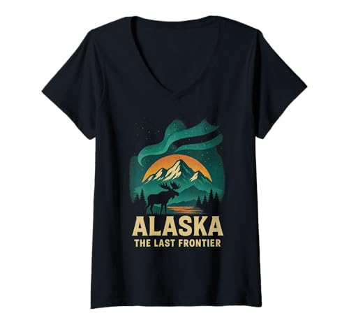 Damen Alaska Last Frontier Shirt Elch Northern Retro T-Shirt mit V-Ausschnitt von Alaska Last Frontier Tee Shirts for Adventurers