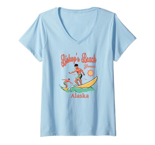 Damen Alaska Bishop's Beach Homer Surfer AK Surfing Strandurlaub T-Shirt mit V-Ausschnitt Damen Alaska Bishop's Beach Homer Surfer AK Surfing Strandurlaub T-Shirt mit V-Ausschnitt von Alaska Surfer Surfing Wear