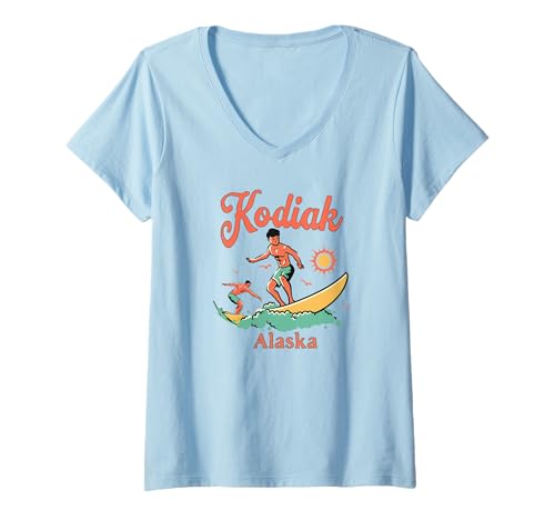 Damen Alaska Kodiak AK Surfer Surfen Strand Angeln Urlaub T-Shirt mit V-Ausschnitt Damen Alaska Kodiak AK Surfer Surfen Strand Angeln Urlaub T-Shirt mit V-Ausschnitt von Alaska Surfer Surfing Wear