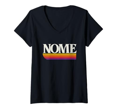 Damen Nome Alaska Retro-Grafik T-Shirt mit V-Ausschnitt Damen Nome Alaska Retro-Grafik T-Shirt mit V-Ausschnitt von Alaska Throwbacks