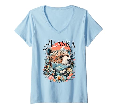Damen Alaska T-Shirt mit V-Ausschnitt von Alaska USA Outdoor Vintage