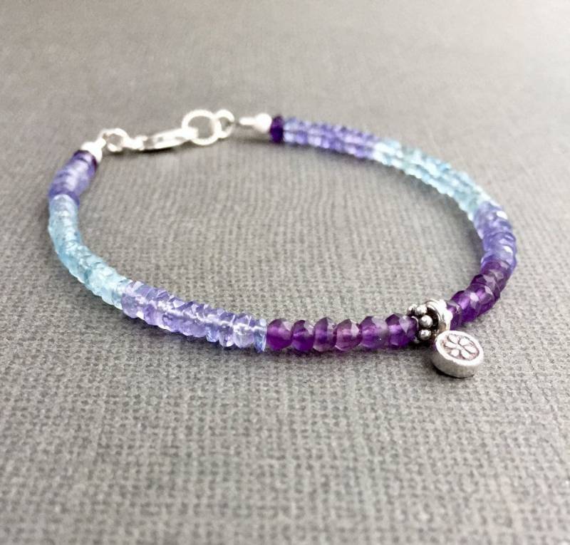 Tansanit Aquamarin Amethyst Armband, Sterling Silber, Lila Und Blau Edelstein Color Block Design, Geschenk Für Sie, Unter 60 von AlaskaDaisy