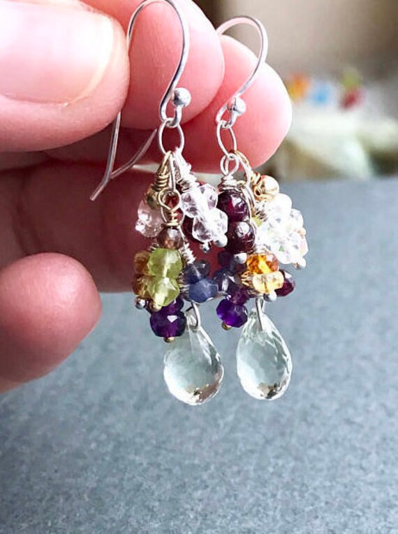 sterling Silber Edelstein-Cluster-Ohrringe Grüner Amethyst von AlaskaDaisy