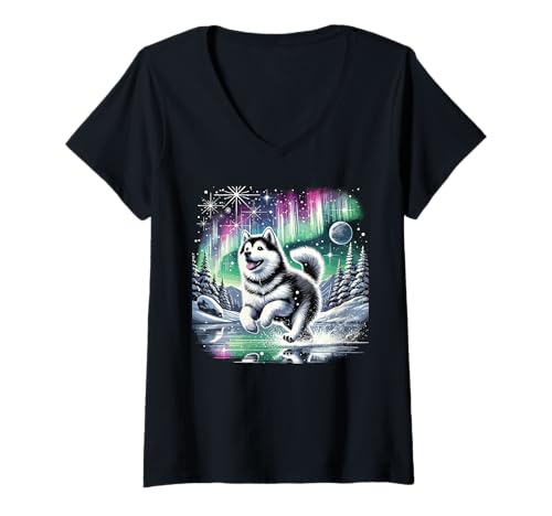 Damen Alaskan Klee Kai Hundebesitzer Aurora Himmel T-Shirt mit V-Ausschnitt Damen Alaskan Klee Kai Hundebesitzer Aurora Himmel T-Shirt mit V-Ausschnitt von Alaskan Klee Kai Hundebesitzer Stars Winter