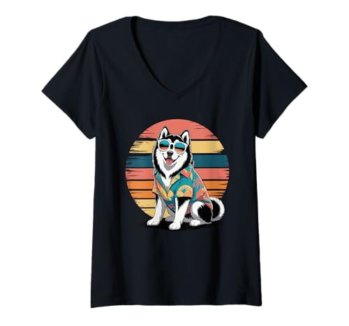 Damen Alaskan Malamute Sonnenbrille Hawaii Strand Sommer T-Shirt mit V-Ausschnitt Damen Alaskan Malamute Sonnenbrille Hawaii Strand Sommer T-Shirt mit V-Ausschnitt von Alaskan Malamute Dog Lover Gifts