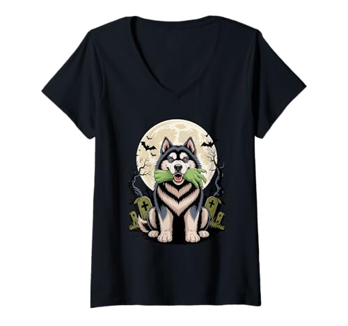 Damen Halloween Mond Zombie Hand Alaskan Malamute T-Shirt mit V-Ausschnitt von Alaskan Malamute Dog Lover Gifts