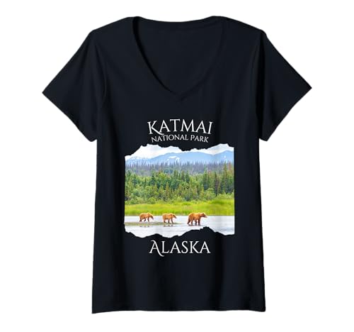 Damen Katmai National Park Alaska Grizzly Bear Wildlife Herren Jungen T-Shirt mit V-Ausschnitt von Alaskan national park adventure wear Souvenir Kids