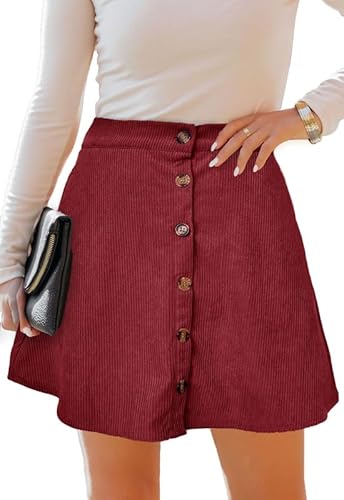 Alaster Queen Cordrock Damen für Herbst & Winter Minirock A Linie mit Knöpfen Kurz Rock Hohe Taille mit Taschen Skirt Women,Rot,XL von Alaster Queen