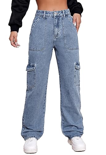 Alaster Queen Damen Baggy Jeans Freizeit Mode Denim Cargo Hose Jeans Damen High Waist Klassisch blau XL von Alaster Queen