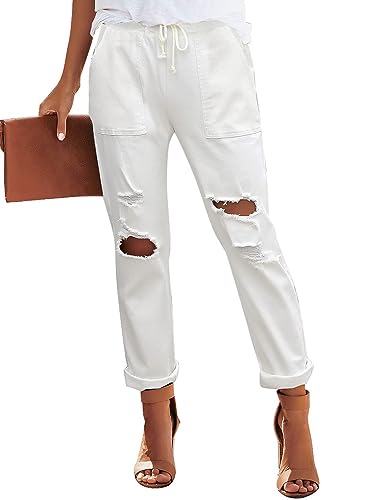 Alaster Queen Damen Casual Distressed Stretch Jeans Elastische Taille Jeans Denim Hosen, A-weiß, XL von Alaster Queen