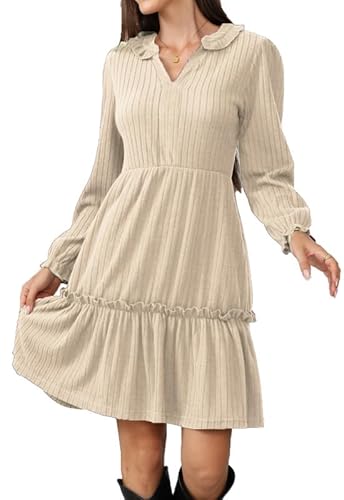 Alaster Queen Damen HerbstKleid Elegant Festlich Winter Herbst Kleid v Ausschnitt Langarm kurz Strickkleid Blusenkleid Partykleid Vokuhila Mit Taschen Autumn Dress，Beige，XL von Alaster Queen