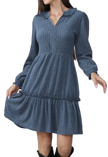 Alaster Queen Damen HerbstKleid Elegant Festlich Winter Herbst Kleid v Ausschnitt Langarm kurz Strickkleid Blusenkleid Partykleid Vokuhila Mit Taschen Autumn Dress，Blua，XL von Alaster Queen