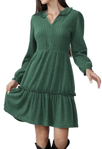 Alaster Queen Damen HerbstKleid Elegant Festlich Winter Herbst Kleid v Ausschnitt Langarm kurz Strickkleid Blusenkleid Partykleid Vokuhila Mit Taschen Autumn Dress，Grün，L von Alaster Queen