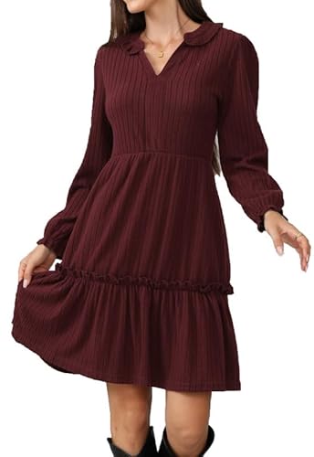 Alaster Queen Damen HerbstKleid Elegant Festlich Winter Herbst Kleid v Ausschnitt Langarm kurz Strickkleid Blusenkleid Partykleid Vokuhila Mit Taschen Autumn Dress，Rot，XXL von Alaster Queen