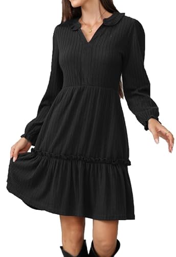 Alaster Queen Damen HerbstKleid Elegant Festlich Winter Herbst Kleid v Ausschnitt Langarm kurz Strickkleid Blusenkleid Partykleid Vokuhila Mit Taschen Autumn Dress，Schwarz，XL von Alaster Queen