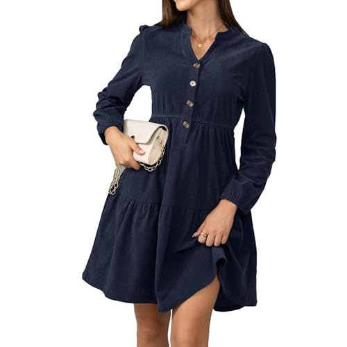 Alaster Queen Damen Herbstkleid Herbst Winter Kleid Langarm Volant Blusenkleid Damen Strickkleid Mit Taschen V-Ausschnitt Knielang Kleid Festlich Elegant Autumn Dress,Blua,L von Alaster Queen