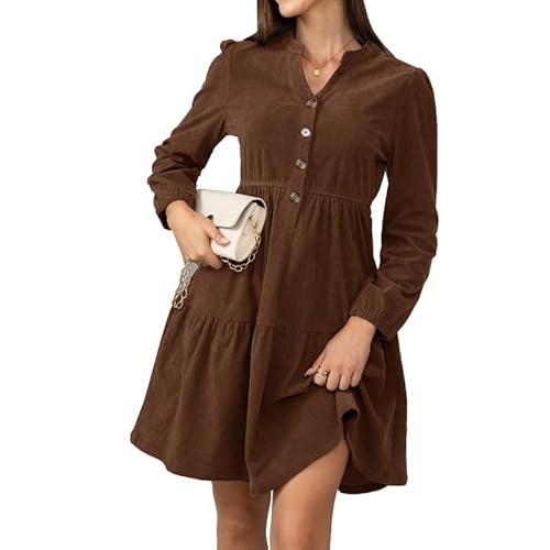 Alaster Queen Damen Herbstkleid Herbst Winter Kleid Langarm Volant Blusenkleid Damen Strickkleid Mit Taschen V-Ausschnitt Knielang Kleid Festlich Elegant Autumn Dress,Braun,XL von Alaster Queen