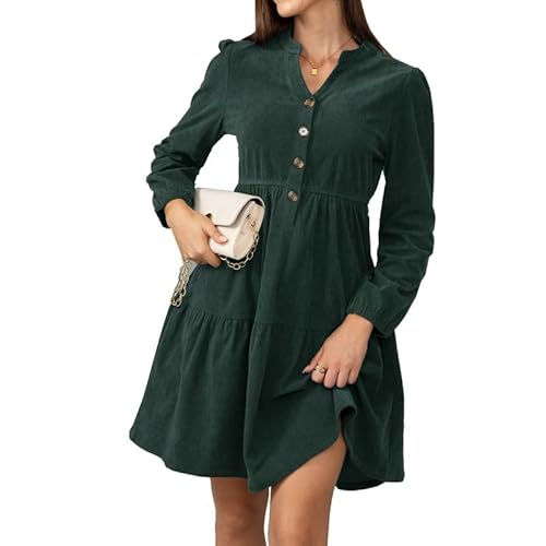 Alaster Queen Damen Herbstkleid Herbst Winter Kleid Langarm Volant Blusenkleid Damen Strickkleid Mit Taschen V-Ausschnitt Knielang Kleid Festlich Elegant Autumn Dress,Grün,S von Alaster Queen