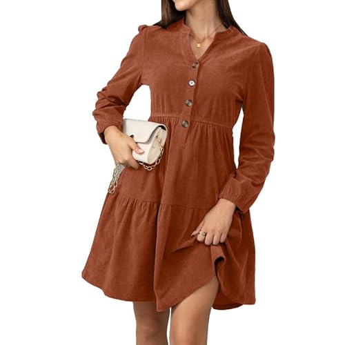 Alaster Queen Damen Herbstkleid Herbst Winter Kleid Langarm Volant Blusenkleid Damen Strickkleid Mit Taschen V-Ausschnitt Knielang Kleid Festlich Elegant Autumn Dress,Orange,M von Alaster Queen