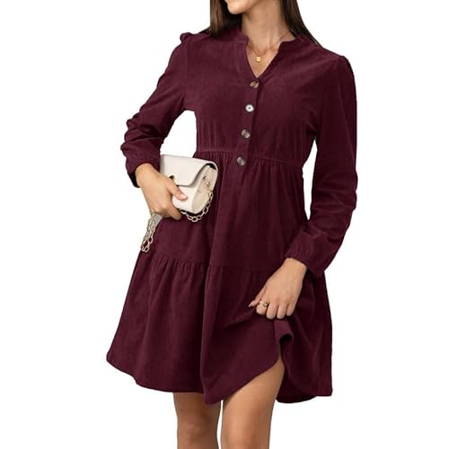 Alaster Queen Damen Herbstkleid Herbst Winter Kleid Langarm Volant Blusenkleid Damen Strickkleid Mit Taschen V-Ausschnitt Knielang Kleid Festlich Elegant Autumn Dress,Rot,XXL von Alaster Queen