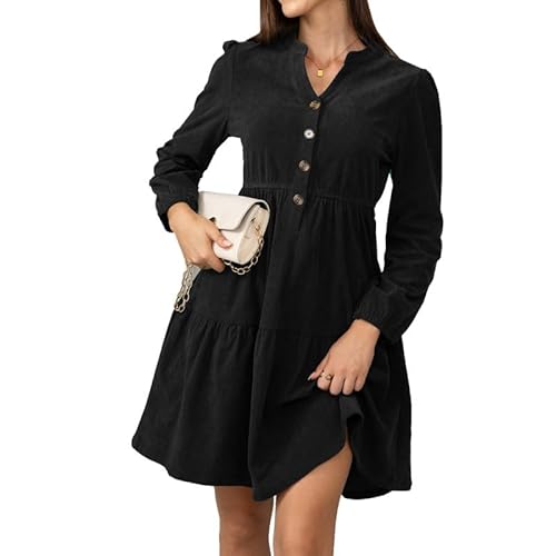 Alaster Queen Damen Herbstkleid Herbst Winter Kleid Langarm Volant Blusenkleid Damen Strickkleid Mit Taschen V-Ausschnitt Knielang Kleid Festlich Elegant Autumn Dress,Schwarz,M von Alaster Queen