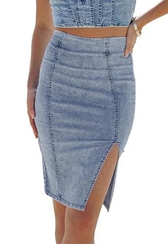 Alaster Queen Damen Jeans-Bleistiftrock, hohe Taille, figurbetont, Jeans-Schlitzrock für Damen, hellblau, 44 von Alaster Queen