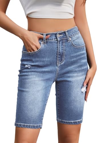 Alaster Queen Damen Jeans Einfarbig mit Taschen Jeans Bermuda Shorts Damen Kurze Hose Damen Sommer Casual Shorts Blau L von Alaster Queen