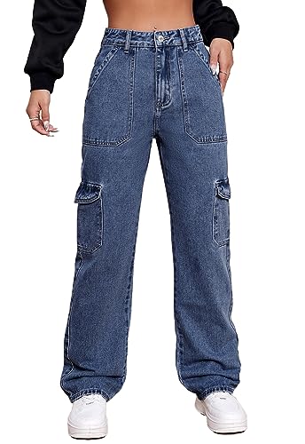 Alaster Queen Damen Jeans Hohe Taille Cargo Jeans Stretch Wide Leg Denim Hose Trendy Dunkelblau XL von Alaster Queen