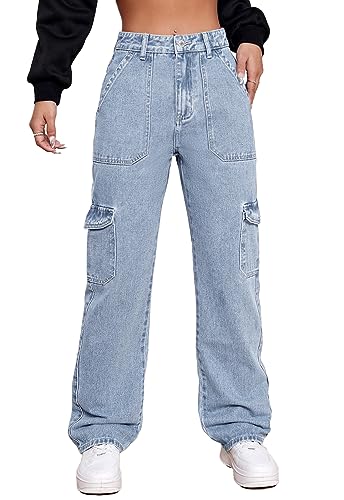 Alaster Queen Damen Jeans Hohe Taille Cargo Jeans Stretch Wide Leg Denim Hose Trendy Hellblau S von Alaster Queen