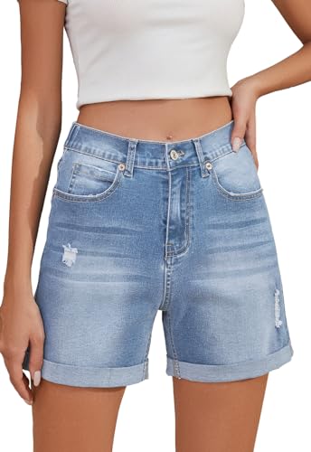 Alaster Queen Damen Jeans-Hotpants mit Taschen Comfy Jeans Kurze hot Pants Damen Shorts Jeans Damen Stretch Sommer Shorts Himmelblau L von Alaster Queen