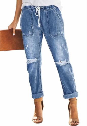 Alaster Queen Jeans Damen Boyfriend Mom Jeans Damen mit Zerrissenem Look und Stretch Bequeme Baggy Freizeitjeans für Frauen Blau L von Alaster Queen