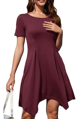 Alaster Queen Damen Kleid Sommerkleid leicht Strandkleid T-Shirtkleid Knielanges Kleid A-Linie Tunika Kleid Kurzarm Rundhalsausschnitt Kleid mit Taschen Kleider Freizeitkleid，Rot，M von Alaster Queen