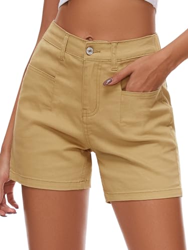 Alaster Queen Damen Sommer Shorts Einfarbig Lose Freizeit mit Taschen Kurze Hose Damen Kurze Hosen Khaki S von Alaster Queen