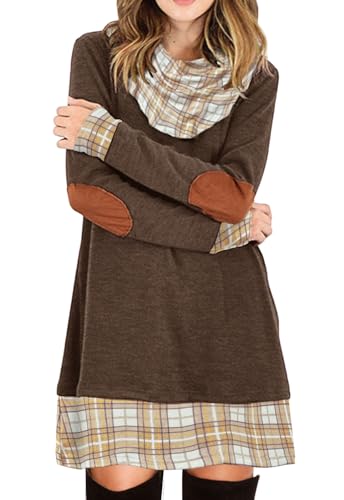 Alaster Queen Freizeitkleider für Damen A-Linie Langarm Herbstkleid Trendy Casual Plaid Cowl Neck Winter Damen Langarm Kleid Pullover Dunkelbraun XL von Alaster Queen
