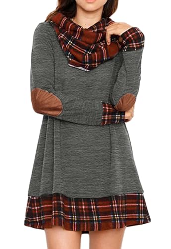 Alaster Queen Freizeitkleider für Damen A-Linie Langarm Herbstkleid Trendy Casual Plaid Cowl Neck Winter Damen Langarm Kleid Pullover Grau XXL von Alaster Queen
