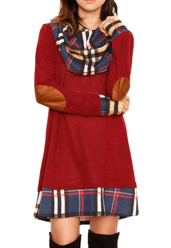 Alaster Queen Freizeitkleider für Damen A-Linie Langarm Herbstkleid Trendy Casual Plaid Cowl Neck Winter Damen Langarm Kleid Pullover Rot XXL von Alaster Queen