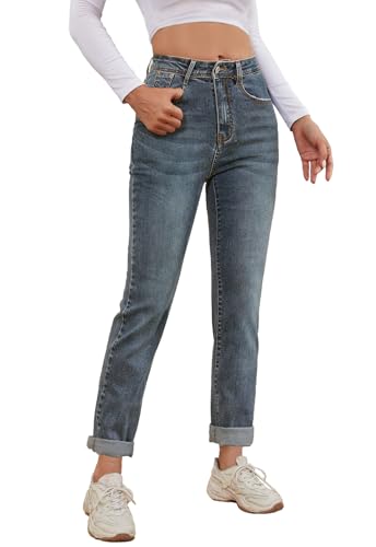 Alaster Queen Jeans Damen Classic Bequeme Mid Waist Freizeit Denim Simple Boyfriend Jeans Damen Mittelblau S von Alaster Queen