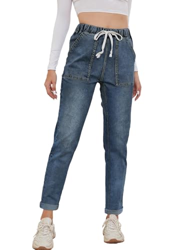 Alaster Queen Jeans Damen Mid Waist Kordelzug Jean Freizeit Jean Bequeme Boyfriend Jeans Damen Mittelblau XXL von Alaster Queen