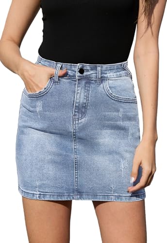 Alaster Queen Jeansrock Damen Kurz Sommerrock Knielang Rock Jeans Mini Damen Taille Stretch Wickel Rock mit Taschen，Blau，S von Alaster Queen