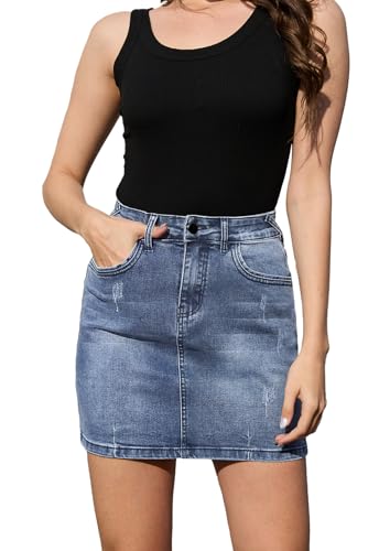 Alaster Queen Jeansrock Damen Kurz Sommerrock Knielang Rock Jeans Mini Damen Taille Stretch Wickel Rock mit Taschen，Blau，XXL von Alaster Queen