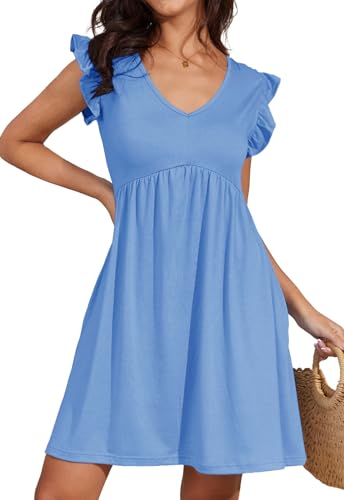 Alaster Queen Damenkleider Sommer Kleider für Damen Sundress Strandkleid Damen Tunika Kleid Babydoll A-Linie Hohe Taille Knielang V-Ausschnitt Kleid kurz mit Taschen,Hellblau,XL von Alaster Queen