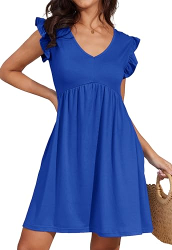 Alaster Queen Damenkleider Sommer Kleider für Damen Sundress Strandkleid Damen Tunika Kleid Babydoll A-Linie Hohe Taille Knielang V-Ausschnitt Kleid kurz mit Taschen,blau,S von Alaster Queen