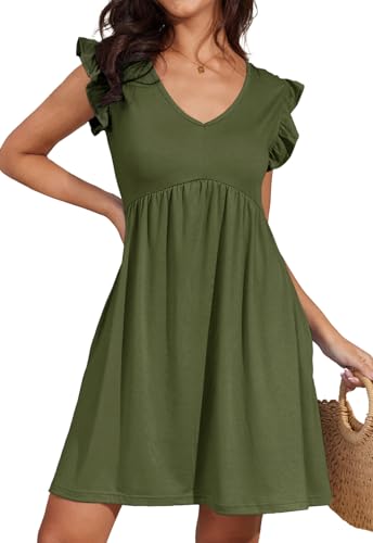 Alaster Queen Damenkleider Sommer Kleider für Damen Sundress Strandkleid Damen Tunika Kleid Babydoll A-Linie Hohe Taille Knielang V-Ausschnitt Kleid kurz mit Taschen,Grün,XL von Alaster Queen