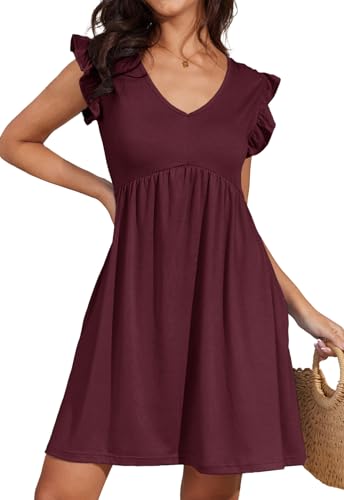 Alaster Queen Damenkleider Sommer Kleider für Damen Sundress Strandkleid Damen Tunika Kleid Babydoll A-Linie Hohe Taille Knielang V-Ausschnitt Kleid kurz mit Taschen,Rot,XL von Alaster Queen