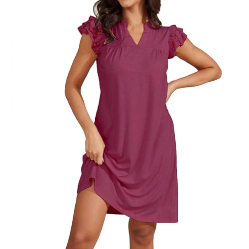Alaster Queen Sommer Kleider für Damen Strandkleid blusenkleid Tshirt Damen Kleid kurz Sundress Freizeitkleid eichte mit Taschen Knielang,Rot,L von Alaster Queen