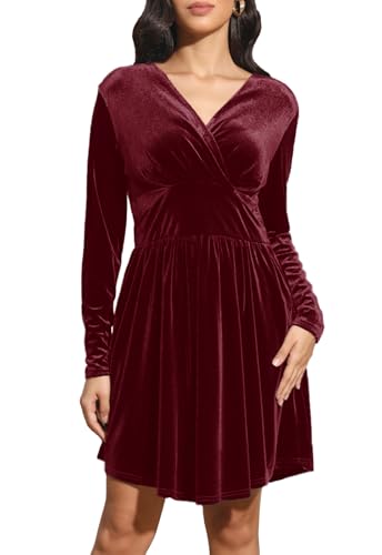 Alaster Queen Smatkleid Damen Partykleid Elegant Kleid Winterkleid mit Taschen A-Linie Kleid Knielang Festlich Kleid Langarm Weihnachtskleid Damen Abendkleid Cocktailkleid，Rot,L von Alaster Queen