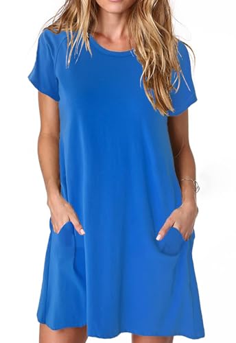 Alaster Queen Sommerkleid Damen Kurzarm Freizeitkleider für Damen Lose T-Shirt Kleider A-Linie Minikleid Kurz mit Taschen Blau S von Alaster Queen